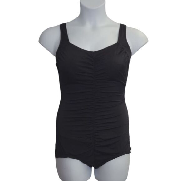 VINTAGE 90s black modest ruched front one‎ piece retro swimsuit M/L - Picture 1 of 10